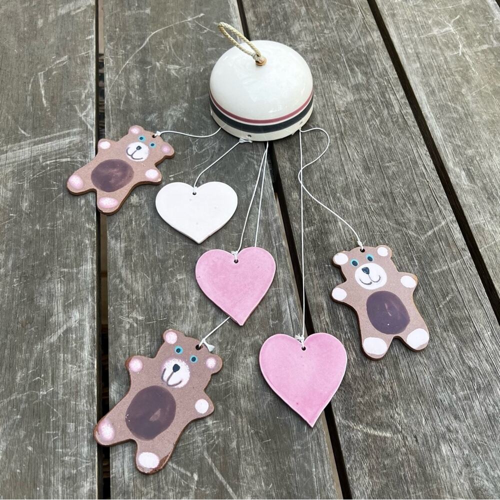 Vintage Ceramic Pottery Wind Chimes with Teddy Bears and Hearts Hand Painted